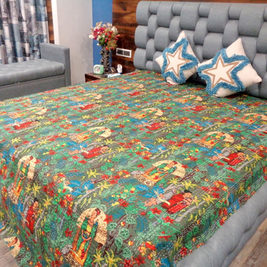 FARIDA PRINTED COTTON KANTHA BED COVER