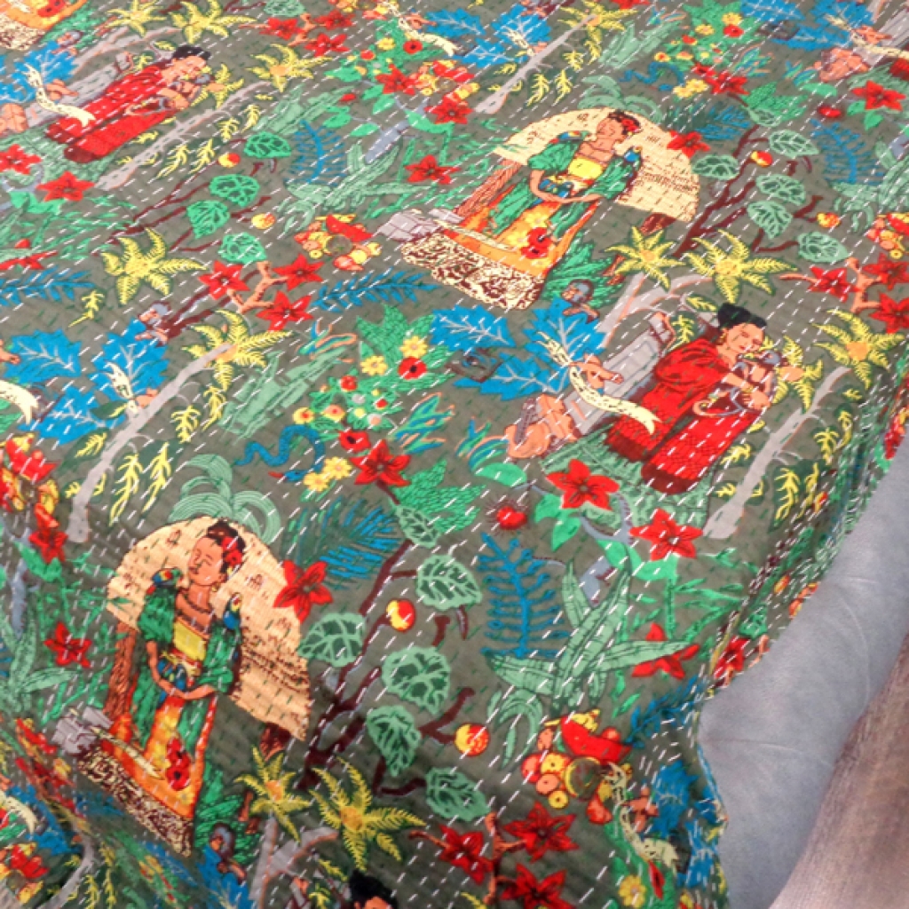 FARIDA PRINTED COTTON KANTHA BED COVER