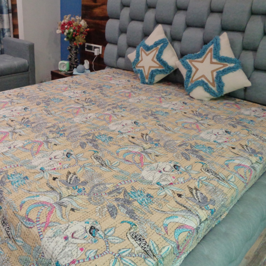 MONKEY PRINTED COTTON KANTHA BED COVER