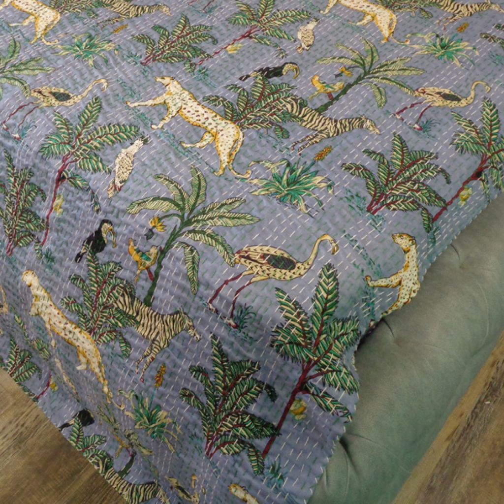 TIGER PRINTED KANTHA BED COVER