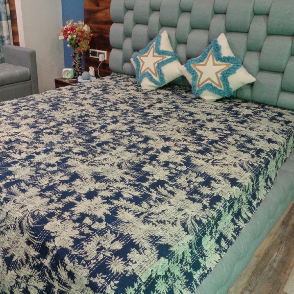 FLOWER PRINTED COTTON KANTHA BEDCOVER