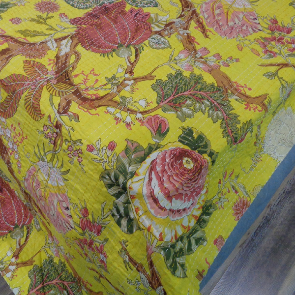 FLORAL PRINTED  KANTHA BED COVER