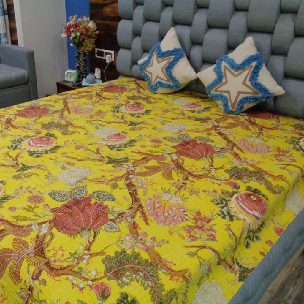 FLORAL PRINTED  KANTHA BED COVER