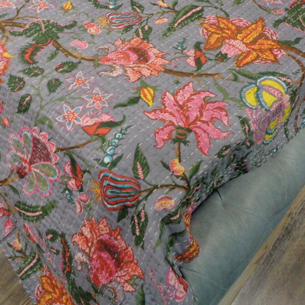 FLORAL PRINTED  KANTHA BED COVER