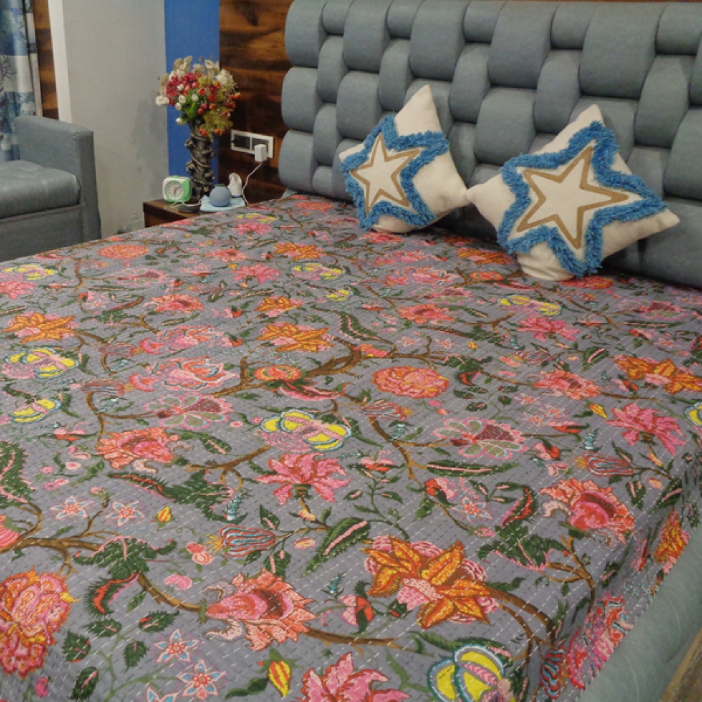 FLORAL PRINTED  KANTHA BED COVER