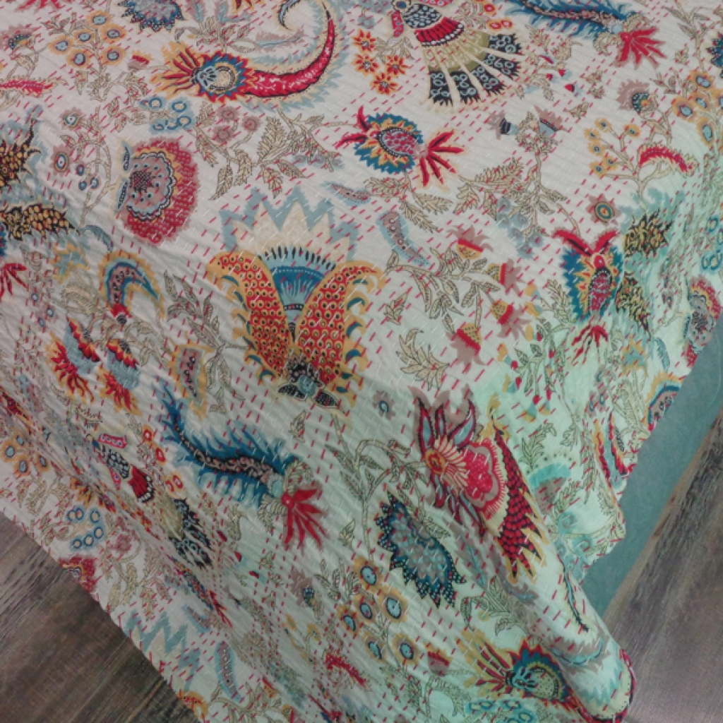 FLORAL PRINTED  KANTHA BED COVER