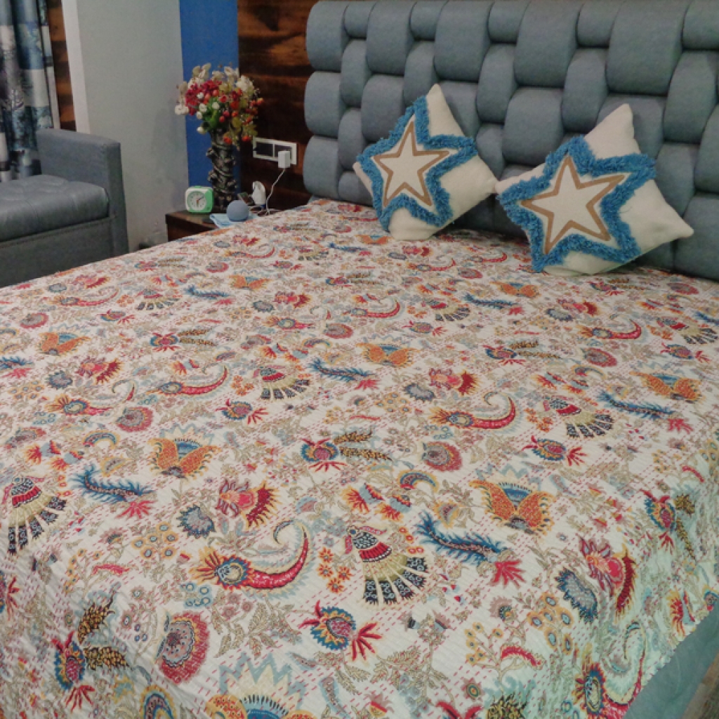 FLORAL PRINTED  KANTHA BED COVER