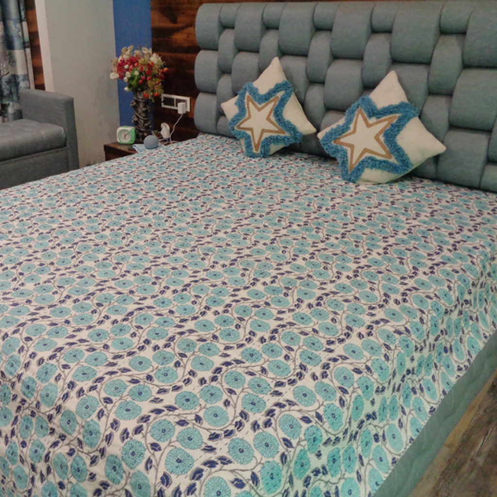 COTTON HAND BLOCK ALL OVER PRINT KANTHA BED COVER FOR ALL-SEASON