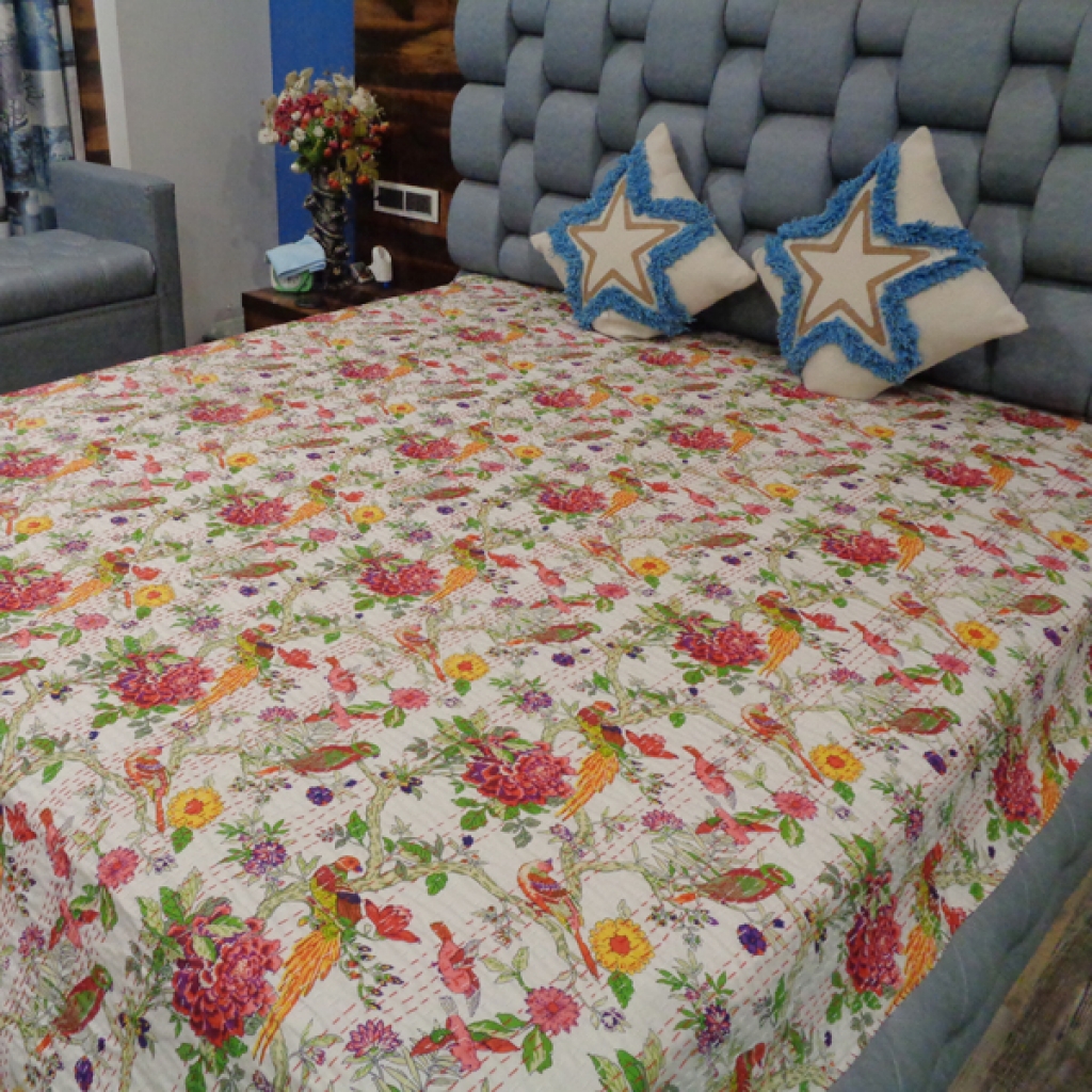 BIRDS PRINTED COTTON KANTHA BED COVER