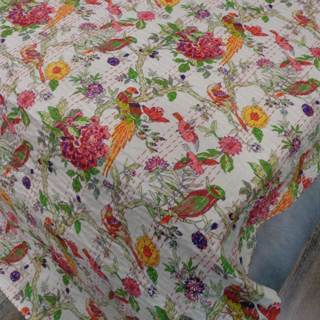 BIRDS PRINTED COTTON KANTHA BED COVER