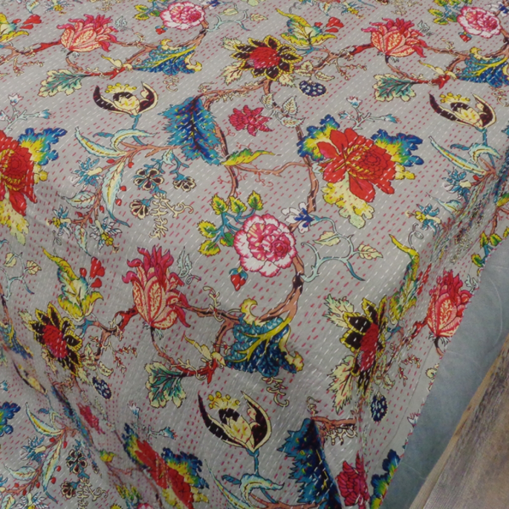 FLORAL PRINTED  KANTHA BED COVER