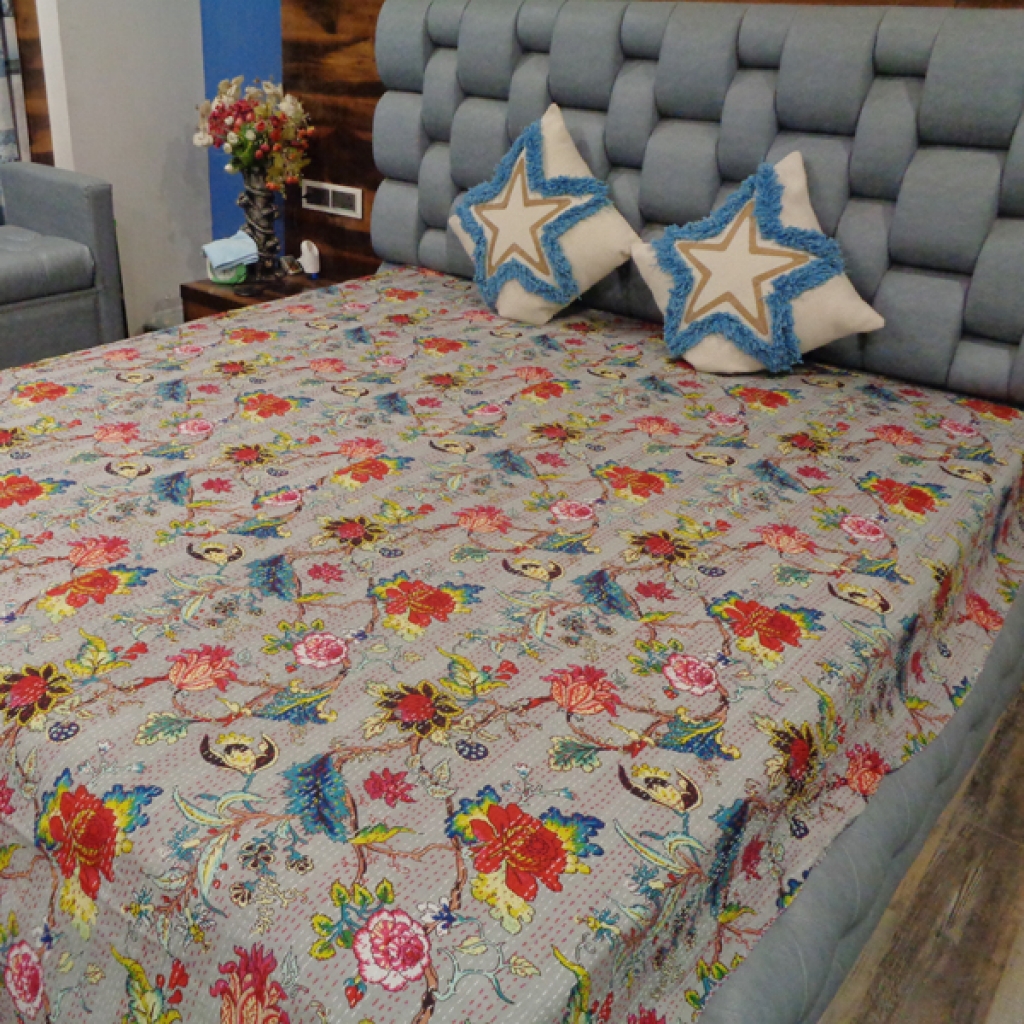 FLORAL PRINTED  KANTHA BED COVER