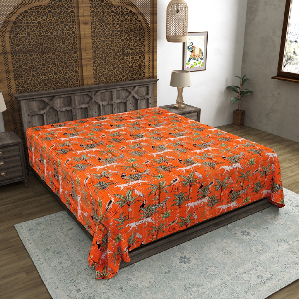 TIGER PRINTED KANTHA BED COVER