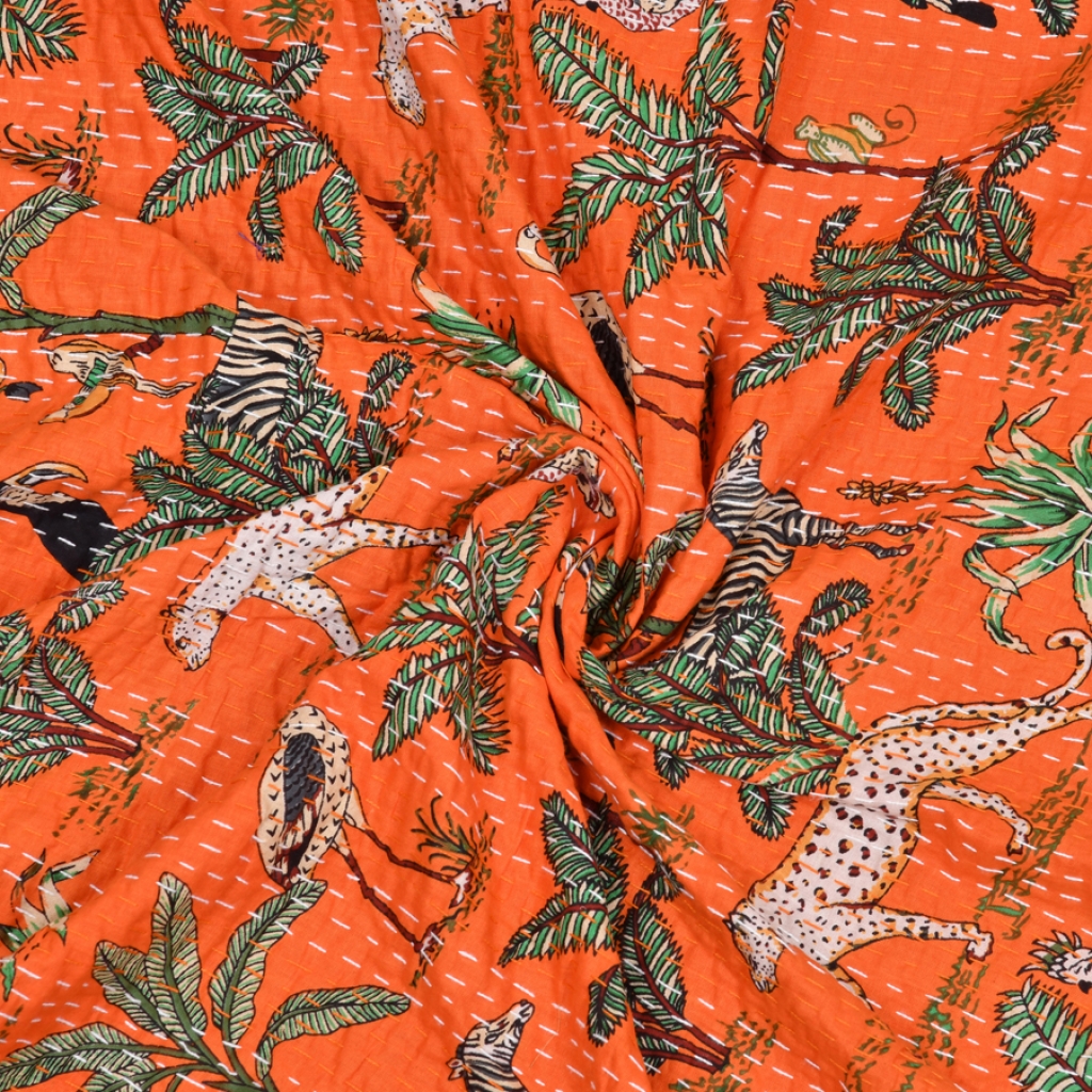 TIGER PRINTED KANTHA BED COVER