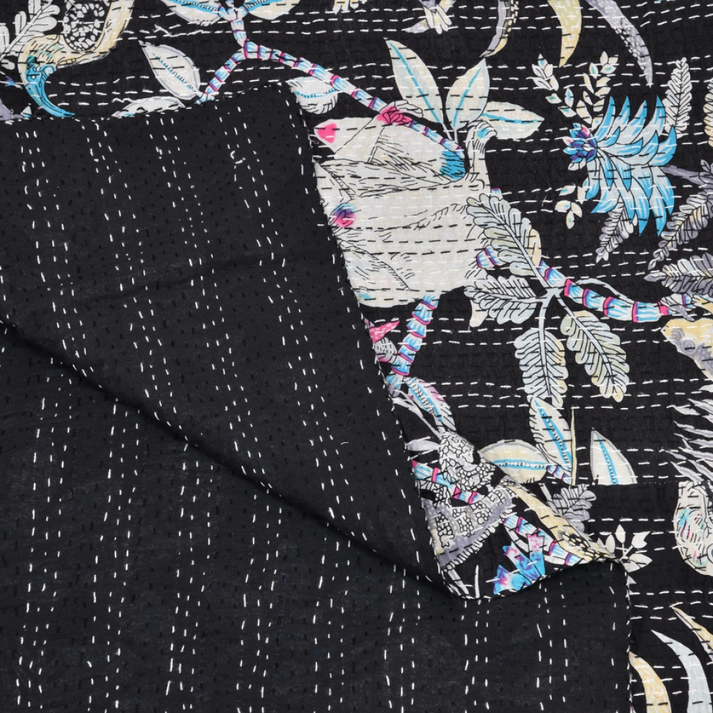 MONKEY PRINTED COTTON KANTHA BEDCOVER