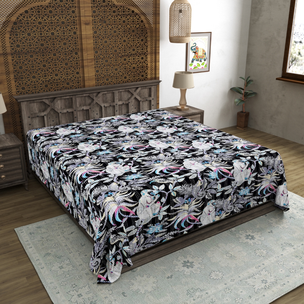 MONKEY PRINTED COTTON KANTHA BEDCOVER