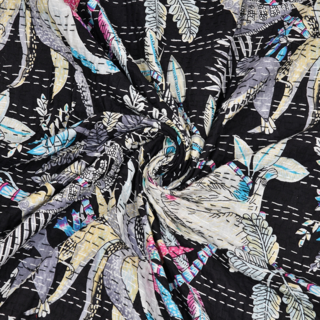 MONKEY PRINTED COTTON KANTHA BEDCOVER