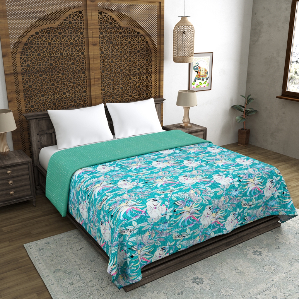 MONKEY PRINTED COTTON KANTHA BEDCOVER