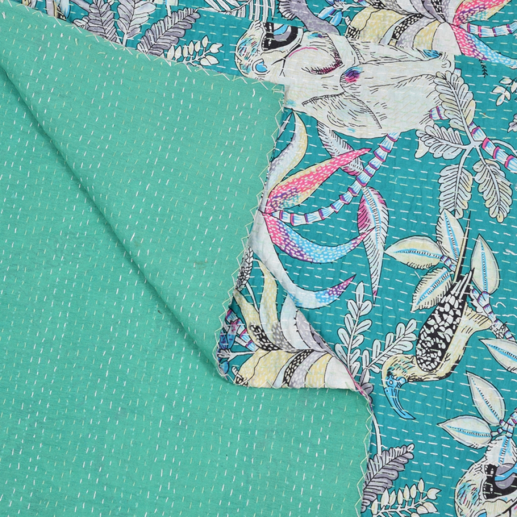 MONKEY PRINTED COTTON KANTHA BEDCOVER