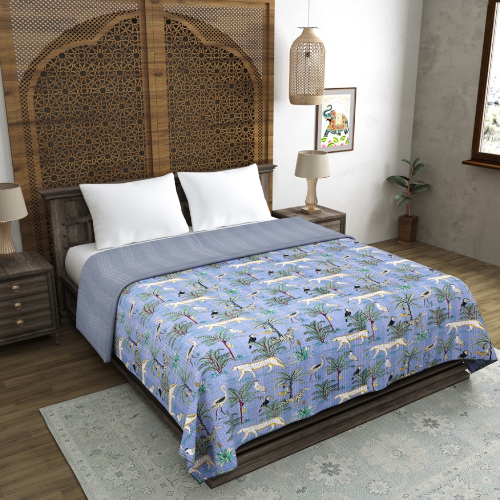 TIGER PRINTED KANTHA BED COVER