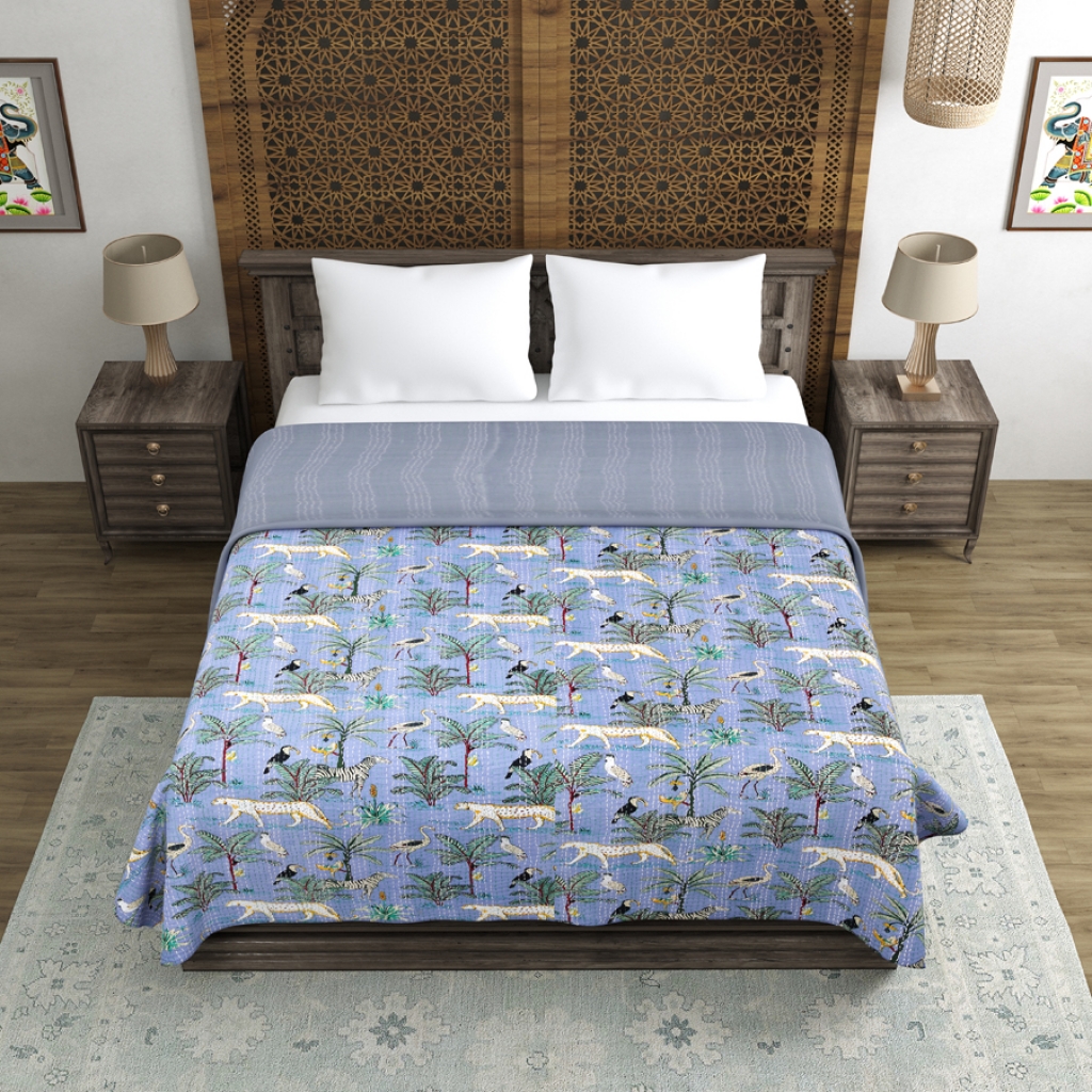 TIGER PRINTED KANTHA BED COVER