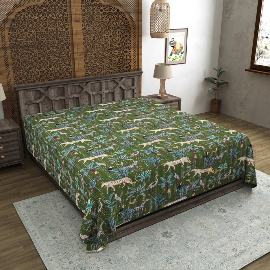 TIGER PRINTED KANTHA BED COVER