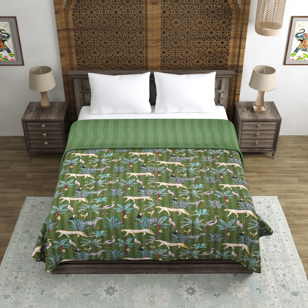 TIGER PRINTED KANTHA BED COVER