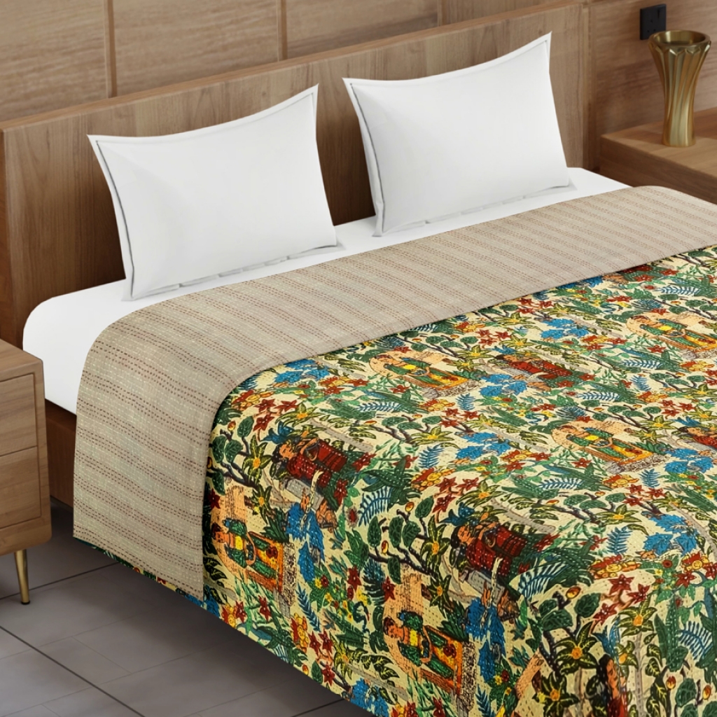 FARIDA PRINTED COTTON KANTHA BED COVER