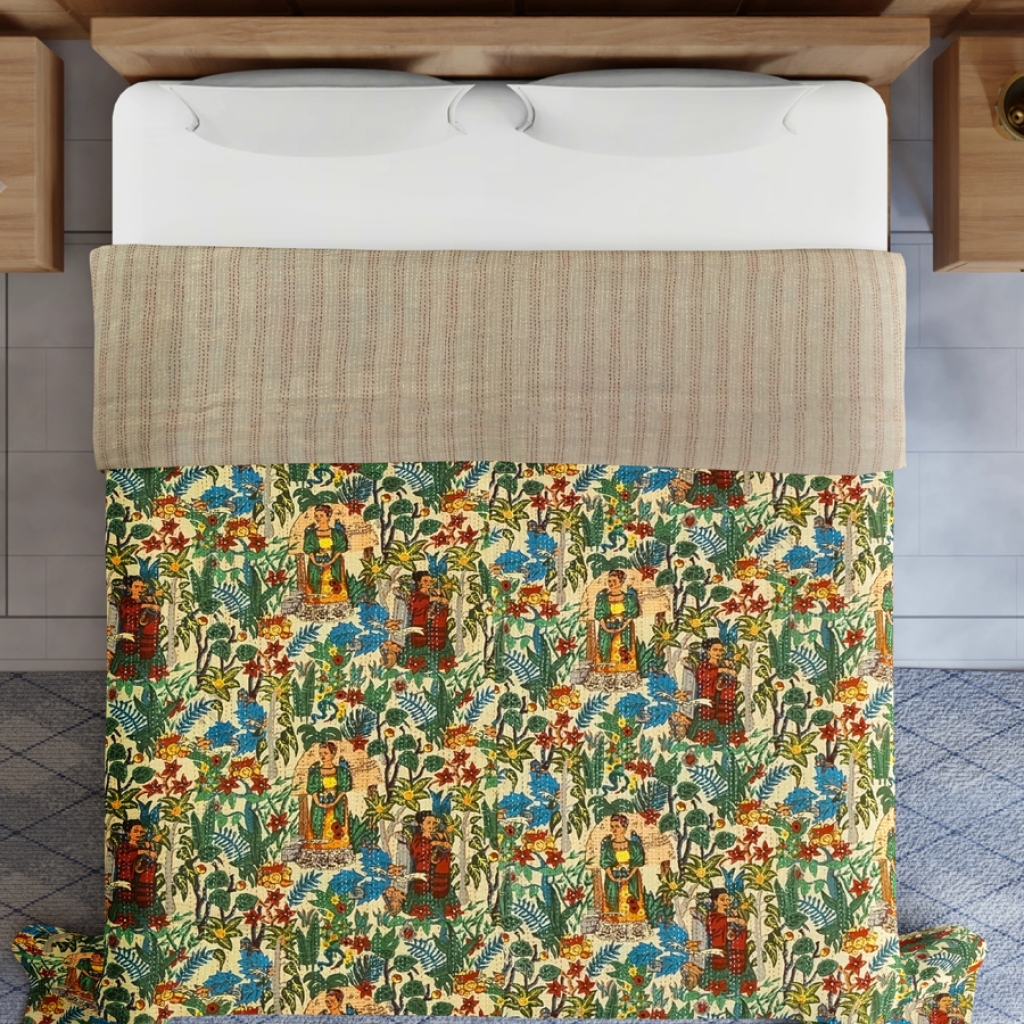 FARIDA PRINTED COTTON KANTHA BED COVER