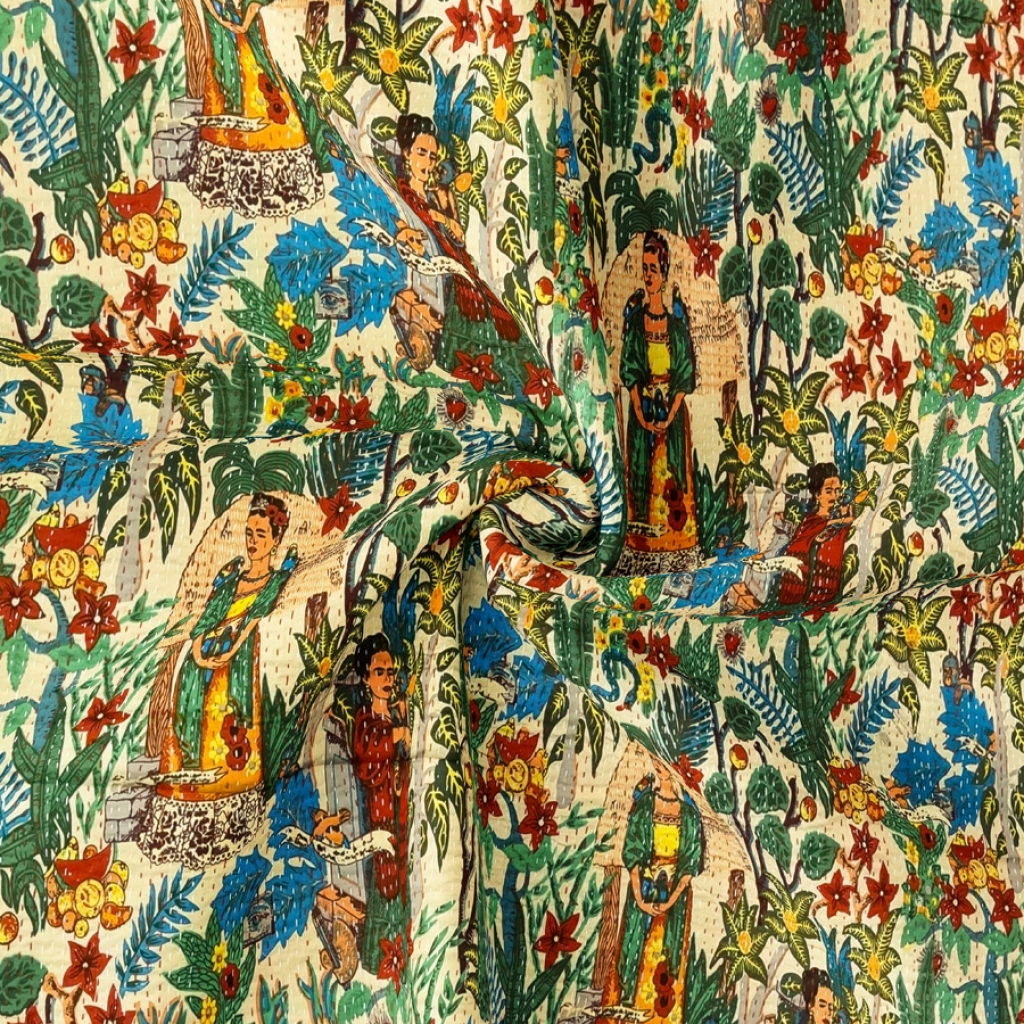 FARIDA PRINTED COTTON KANTHA BED COVER