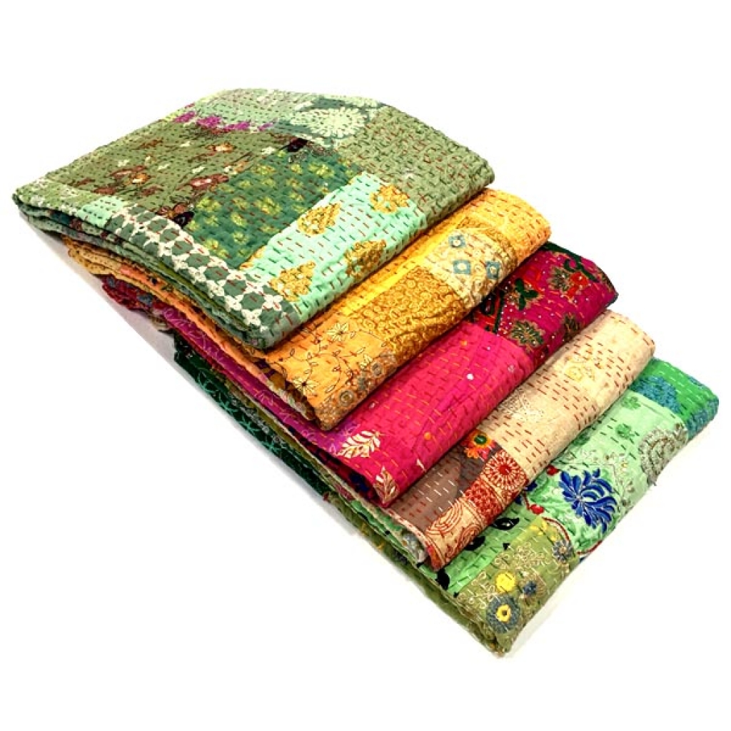 Handmade Indian Vintage Silk Patchwork Khambadiya Bedsheet