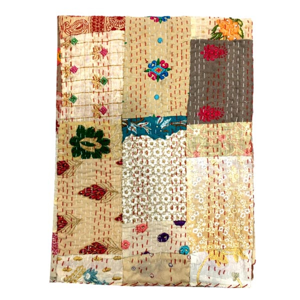 Handmade Indian Vintage Silk Patchwork Khambadiya Bedsheet