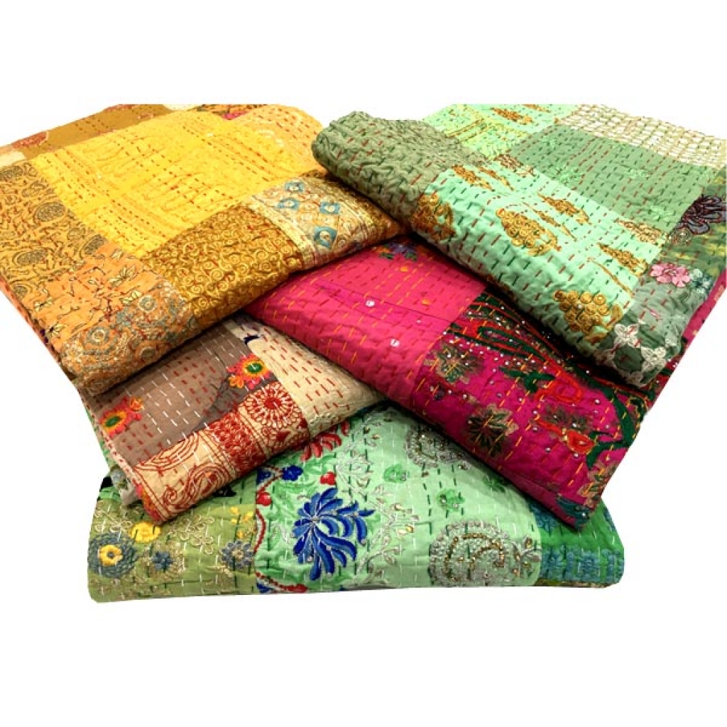 Handmade Indian Vintage Silk Patchwork Khambadiya Bedsheet