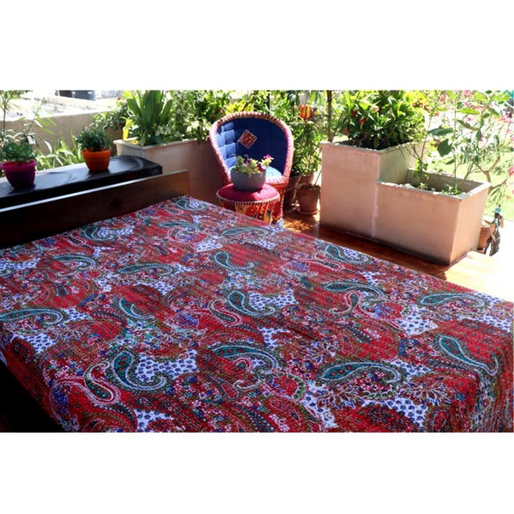 Screen Print Kantha Bed Cover