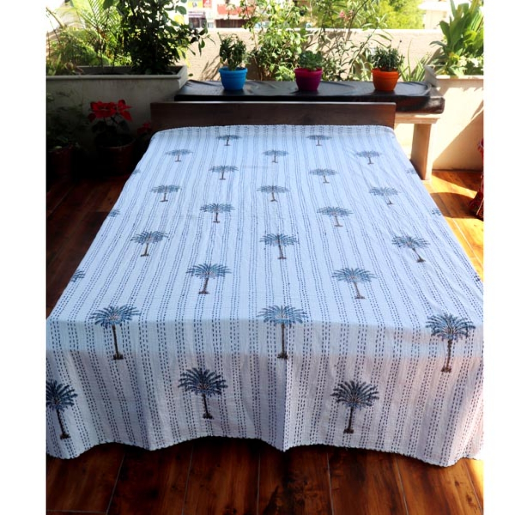 Screen Printed Cotton Kantha Bed Sheet