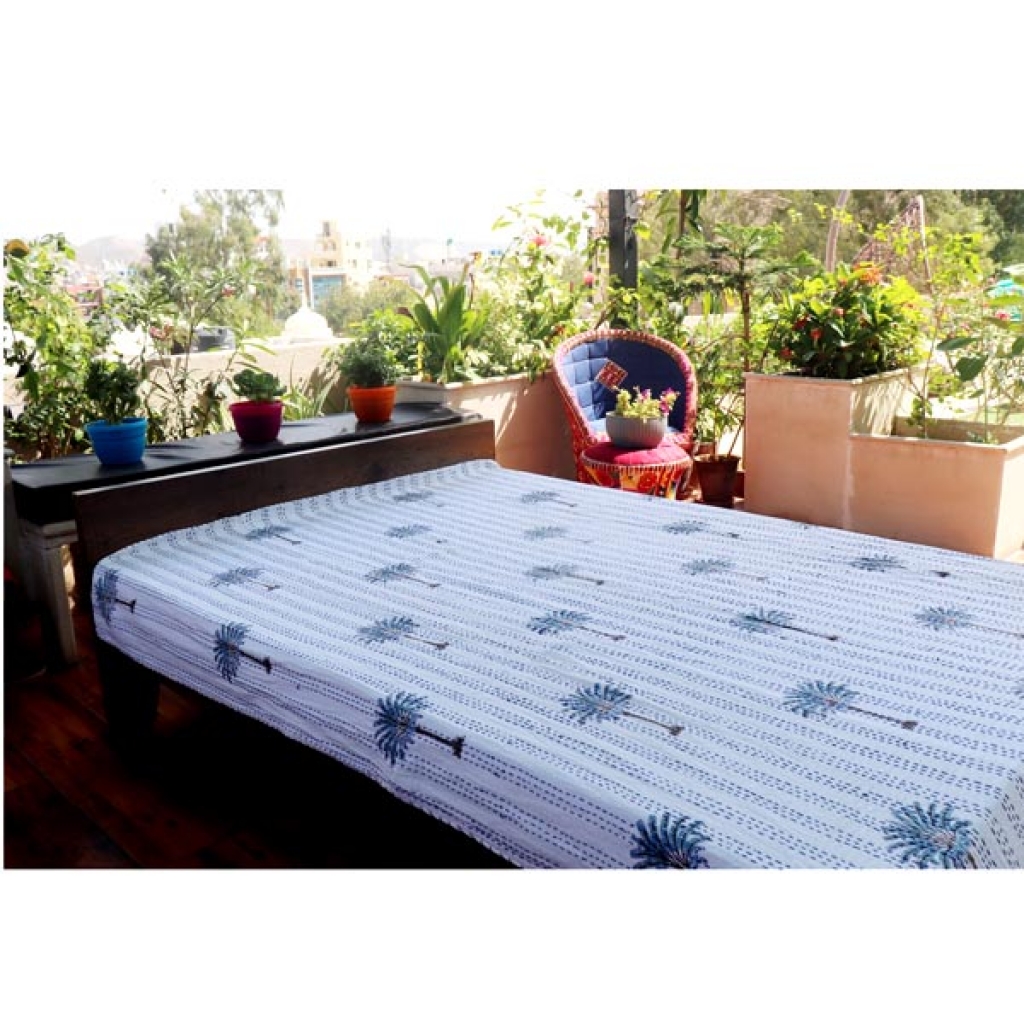 Screen Printed Cotton Kantha Bed Sheet