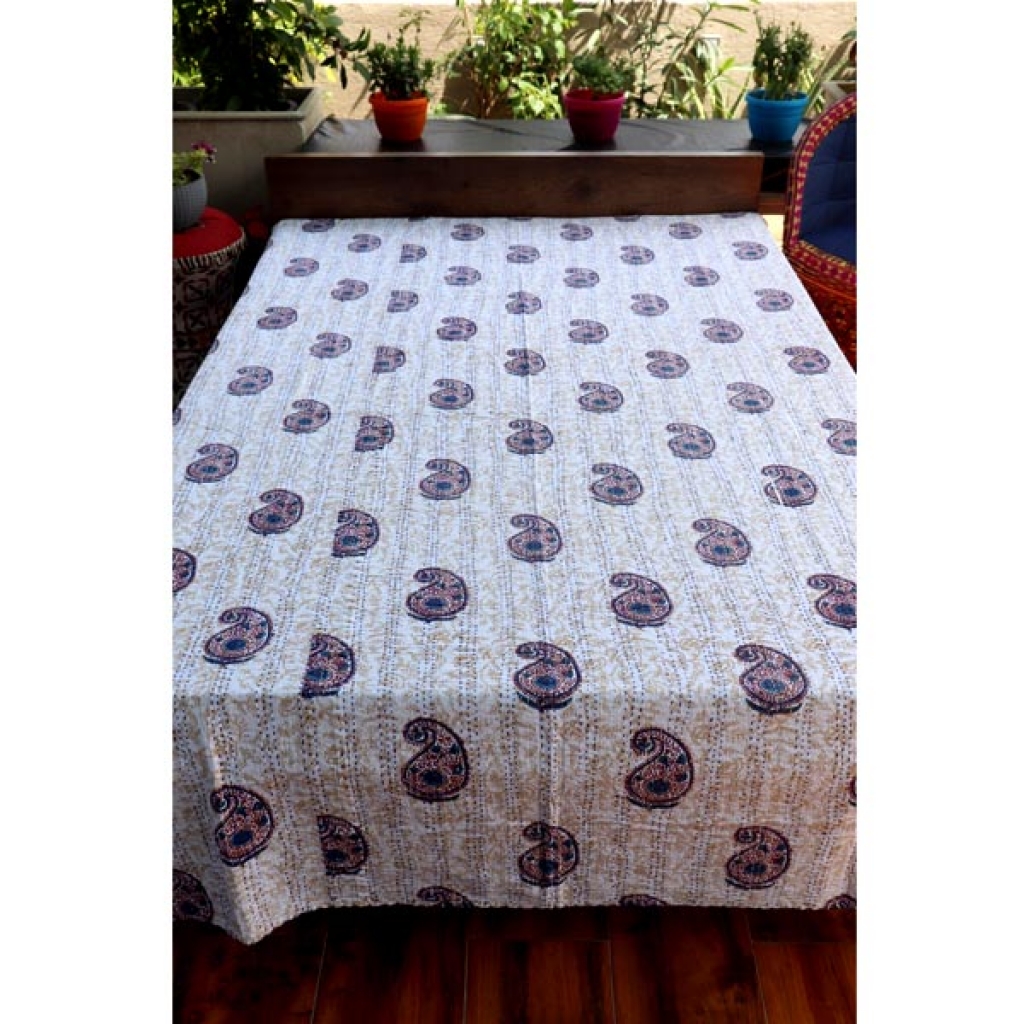 Screen Printed Cotton Kantha Bed Sheet