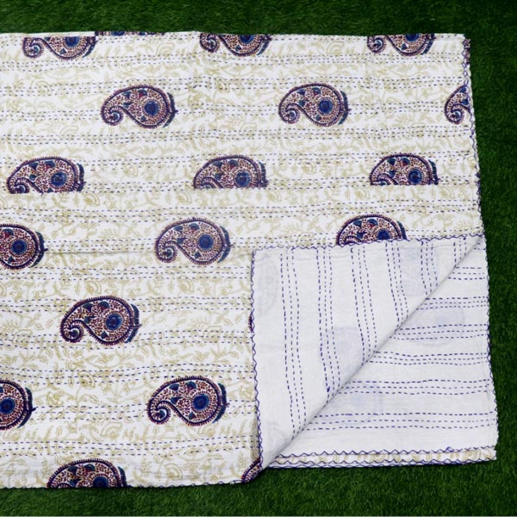 Screen Printed Cotton Kantha Bed Sheet