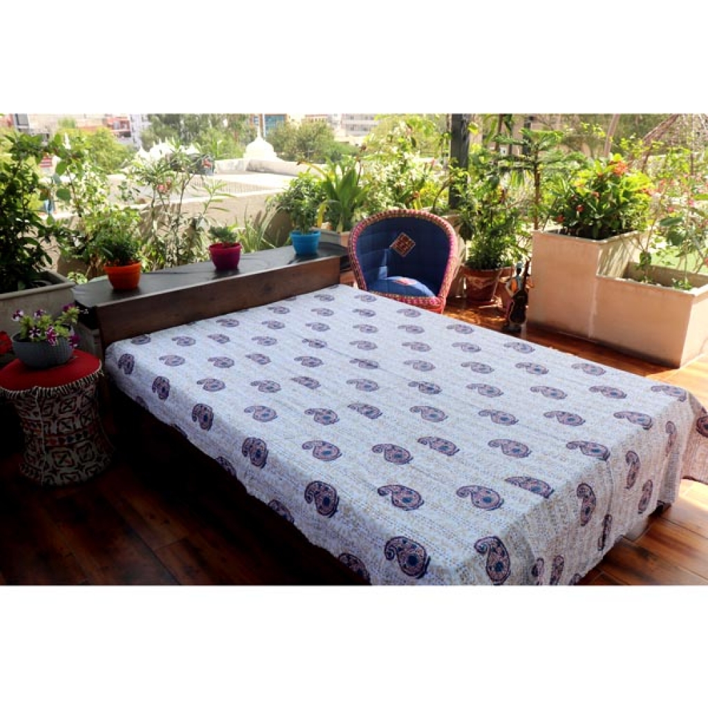 Screen Printed Cotton Kantha Bed Sheet