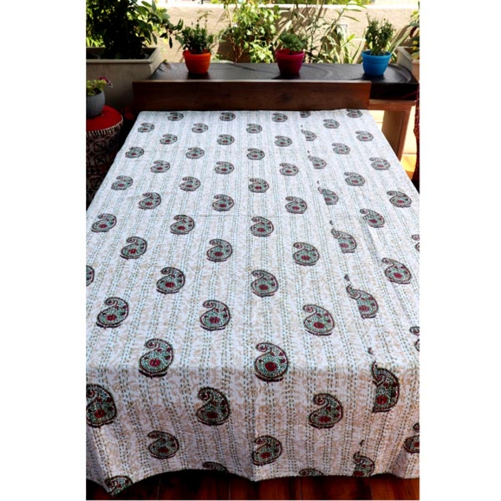 Screen Printed Cotton Kantha Bed Sheet