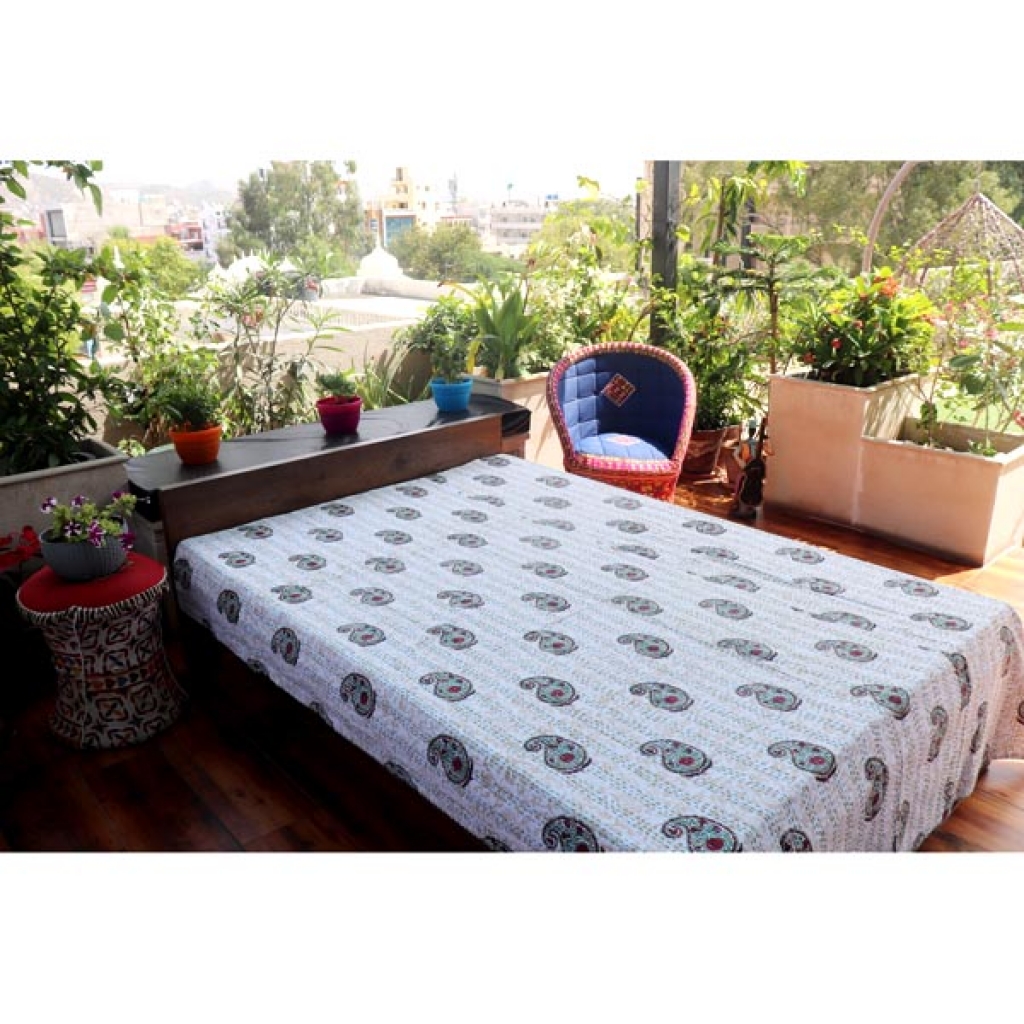 Screen Printed Cotton Kantha Bed Sheet