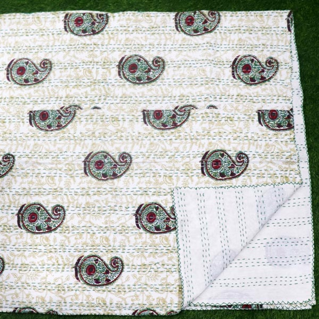 Screen Printed Cotton Kantha Bed Sheet