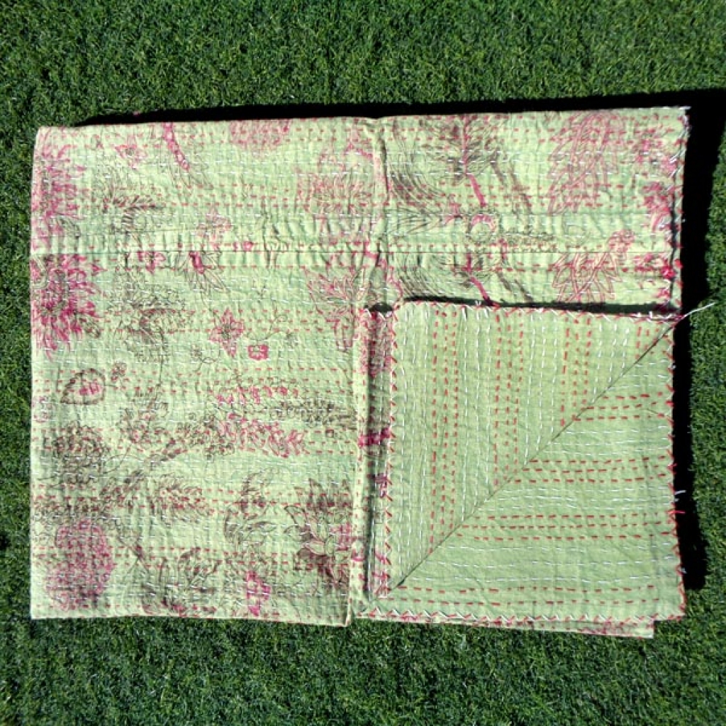 Screen Printed Cotton Kantha Bed Sheet