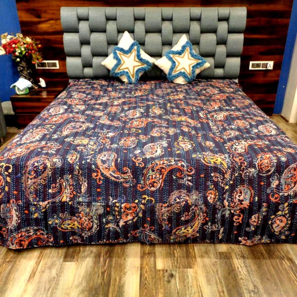 INDIAN PAISELY PRINTED COTTON KANTHA BEDCOVER