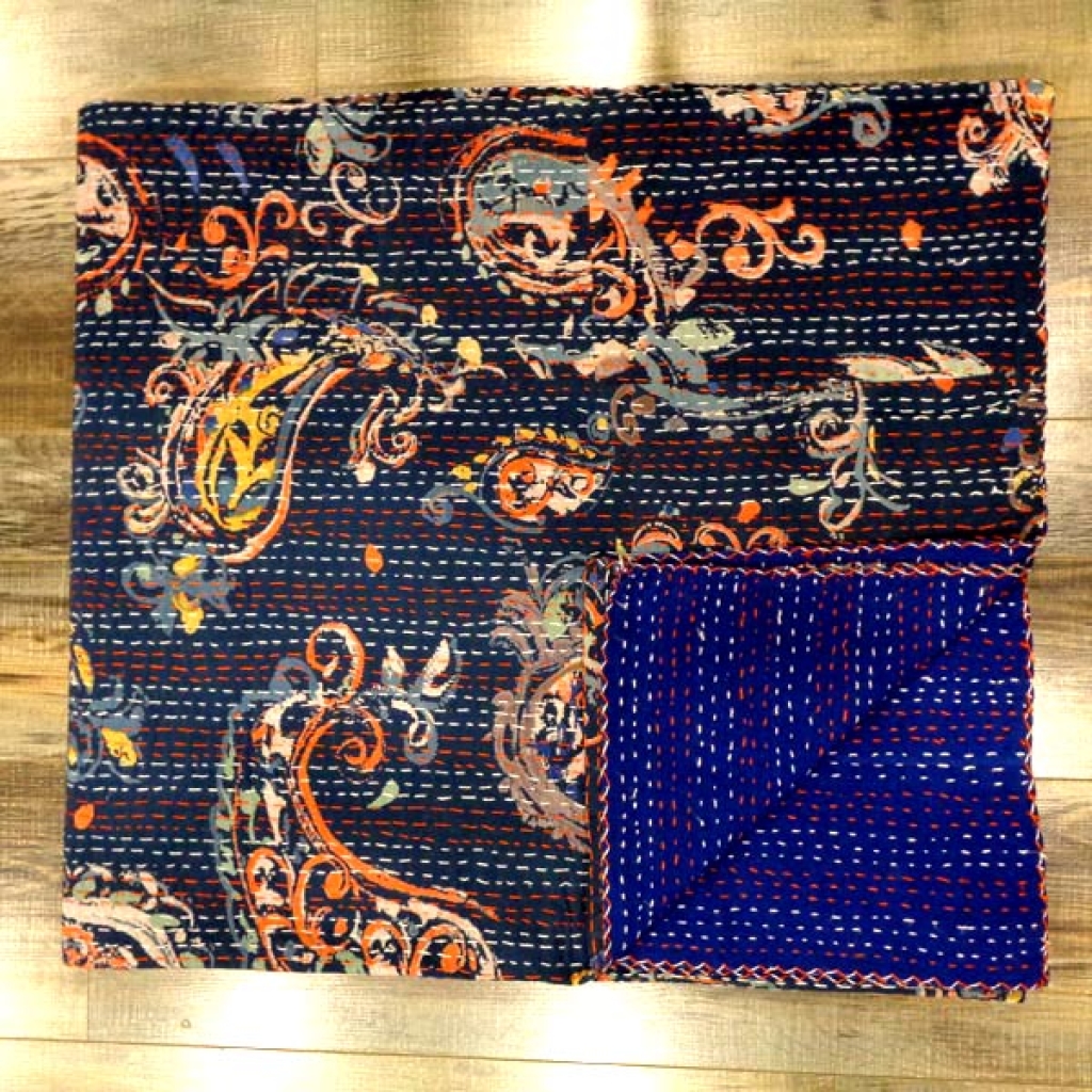INDIAN PAISELY PRINTED COTTON KANTHA BEDCOVER