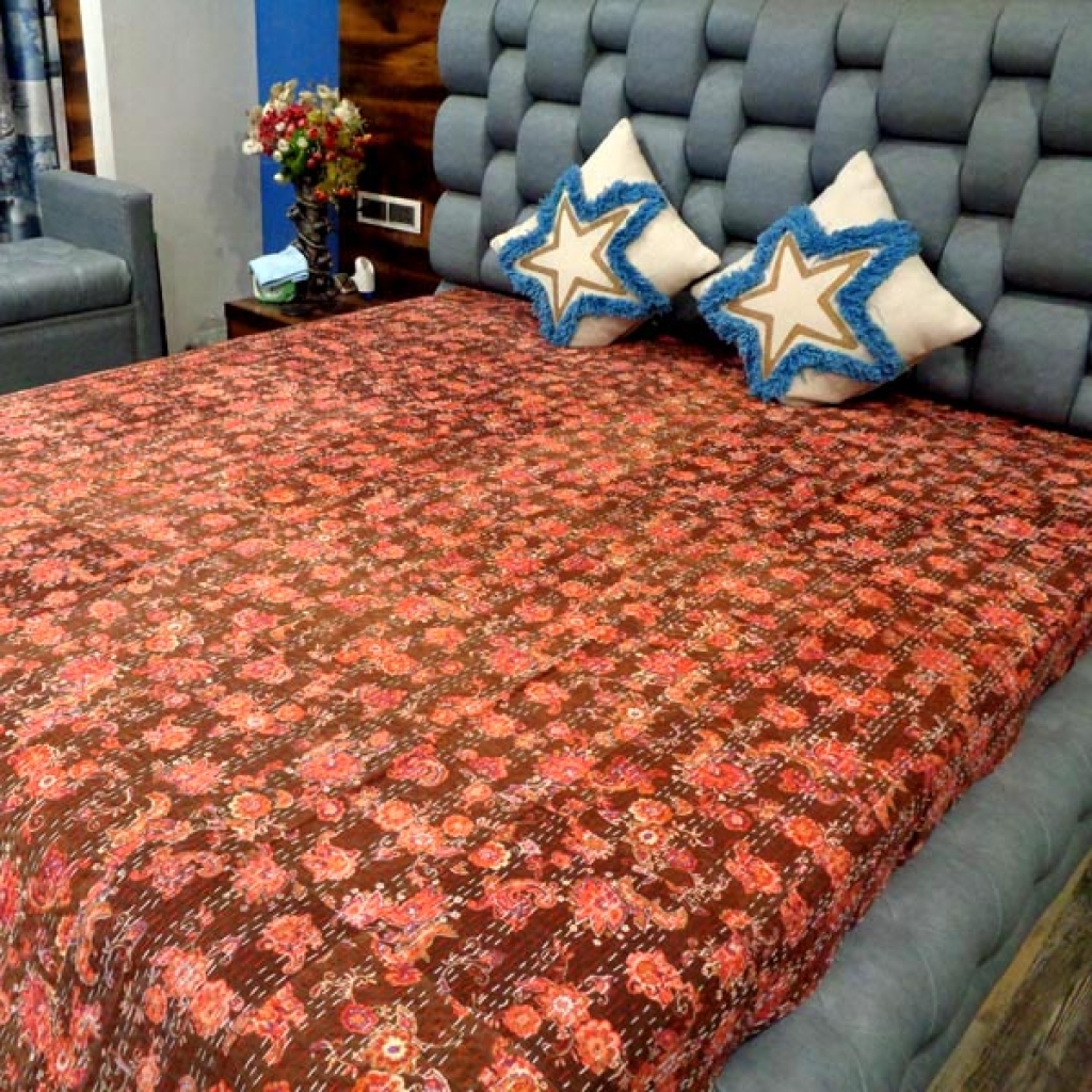 KANTHA BED COVER FLORAL PRINTED