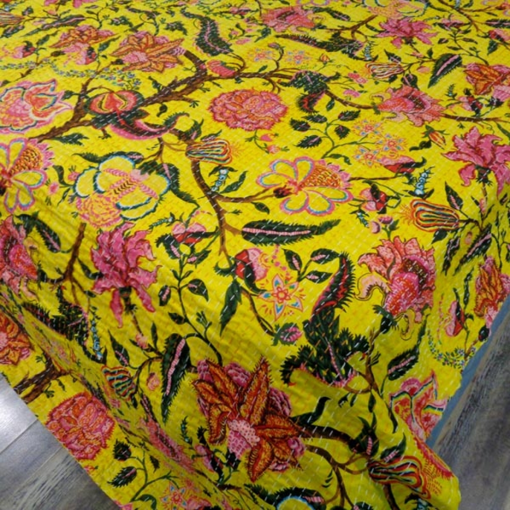 COTTON KANTHA BEDCOVER FLOWER PRINTED