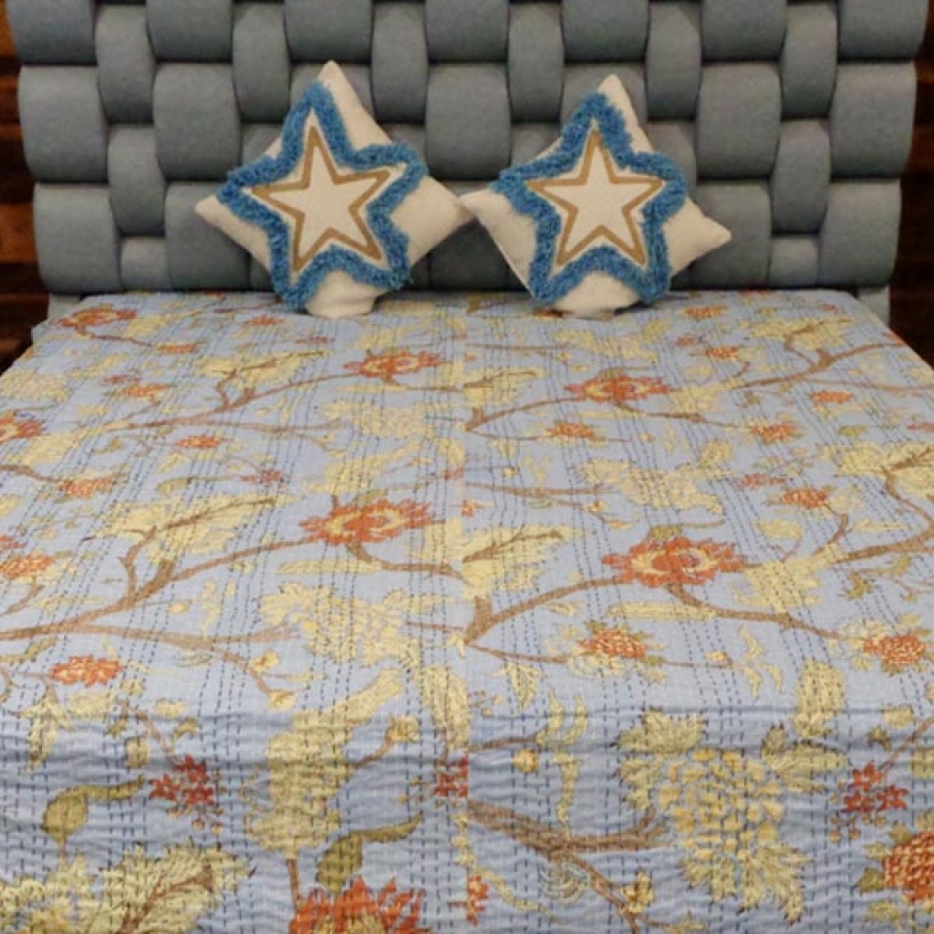 FLORAL PRINTED VELVET KANTHA BED COVER