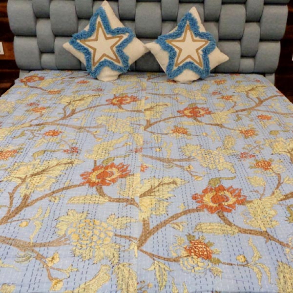 FLORAL PRINTED VELVET KANTHA BED COVER