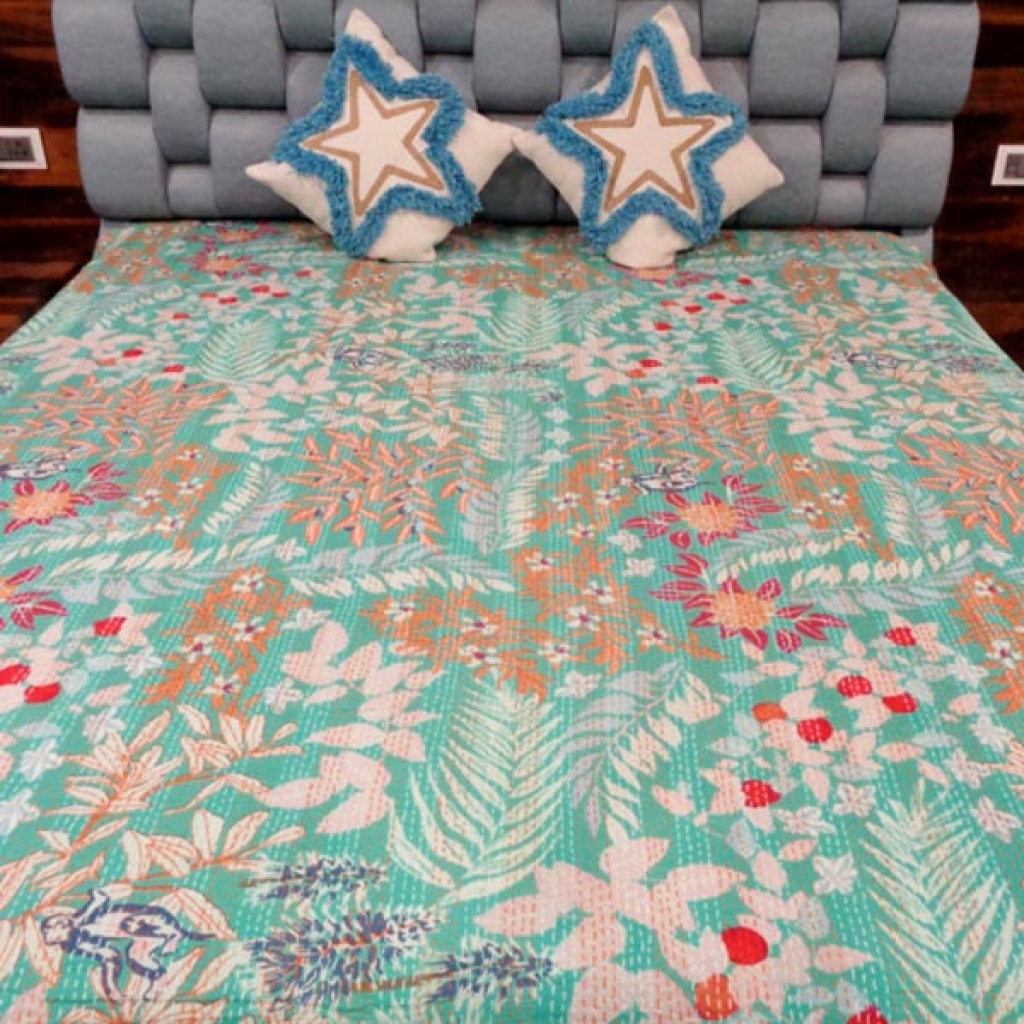 FLOWER PRINTED COTTON KANTHA BEDCOVER